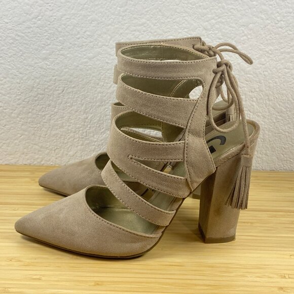 G by Guess Taupe Suede Caged Block Heels Pointed Toe Strappy Pumps Size 7 - Picture 2 of 8